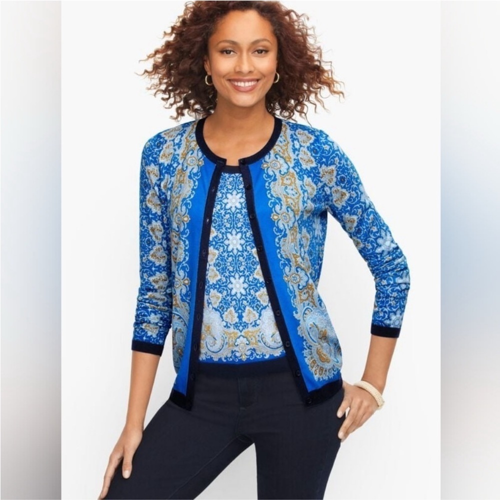 TALBOTS Charming Breton Blue Paisley Cardigan Size M